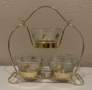 Vintage MCM 1961 Libbey Glass Golden Foliage Snack-Rack 3 Bowls and Caddy - Picture 1 of 17