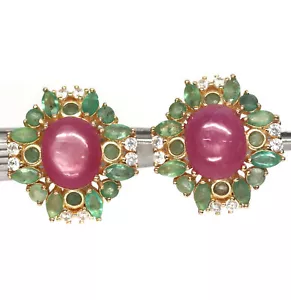 9 X 11 mm. Pink Ruby, Emerald & Zircon Earrings Silver 925 Sterling - Picture 1 of 5