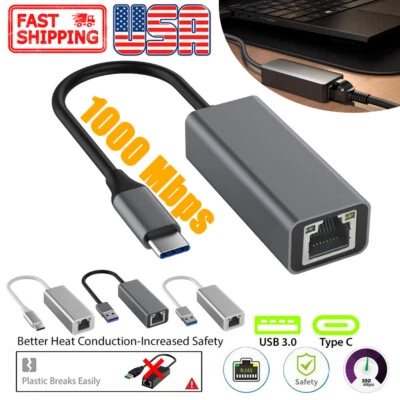 USB3.0 C To Ethernet Adapter Rj45 Network LAN Gigabit Laptop 1000mbps Pc/Macbook - Image 1 of 4