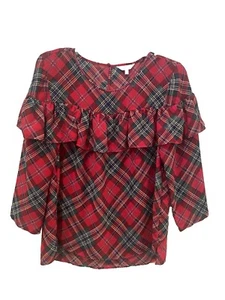 Crown & Ivy Blouse Womens Medium Red Tartan Plaid Top Ruffle Christmas Holiday - Picture 1 of 9