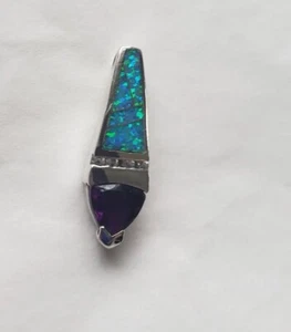 Opal Amethyst Pendant Necklace Cubic Zirconia Sterling Silver 925 No Chain 1 in - Picture 1 of 10