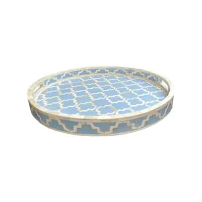 Handmade Bone Inlay Round Geometric Pattern Tray - Blue - Image 1 of 4