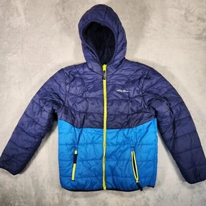 Eddie Bauer Puffer Jacket Youth Large Blue Reversible Faux Fur Full Zip Hooded - Picture 1 of 10