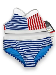 Speedo Girls Bikini Set Two Piece Swimsuit, Mariner Stripe Cobalt, 14 US - Picture 1 of 4