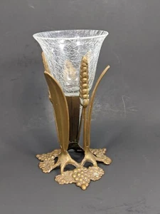 Vintage Solid Brass Grapes and Wheat Clear Crackle Glass Votive Candle Holder 8" - Picture 1 of 7