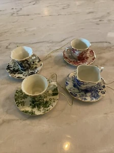 NEW 4 Mini French Toile Porcelain Tea Cup and Saucer Christmas Ornaments - Picture 1 of 7