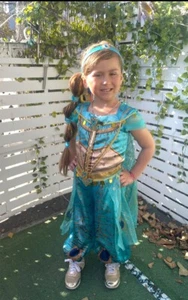 Aladdin Live Movie Princess Jasmine Teal Classic Child Size 6Costume +Headband - Picture 1 of 11