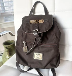 Moschino Backpack Bag Chocolate Brown Original Vintage Nylon Gold Letters 1990 - Picture 1 of 19
