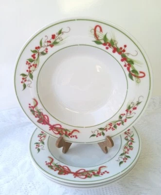 American Atelier Christmas Holiday Holly Berries & Ribbon Pattern Soup Bowls - Image 1 of 4