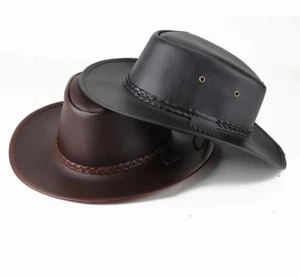 Classic Men Black/ Brown Faux Leather Cowboy Western Hat Sombrero Hombre - Picture 1 of 11