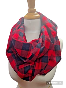 Red Checkered Plaid Flannel Infinity Scarf w. Pocket 63'' - Picture 1 of 3