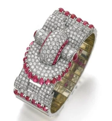 French Antique Art Deco 37.58 CT Lab-Created Ruby and Diamonds Bracelets c1940 - Image 1 of 4