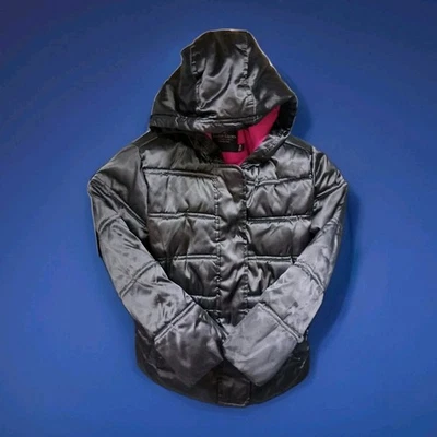 Faded Glory Girl's XS 4-6 Black Plush Pink Lined Puffer Hooded Jacket  - Image 1 of 4