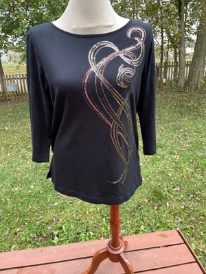 Top Bob Mackie Usable Art Negro Adornado Manga 3/4 Talla Mediana Algodón Foto 1 de 4