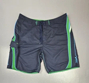 Quicksilver Board Shorts Mens 40 Vintage Navy Blue Green Swim Trunks Script Logo - Picture 1 of 8