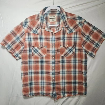 Рубашка мужская Ariat XL оранжевая ретро крой клетчатая на пуговицах с коротким рукавом жемчужные застежки - Изображение 1 из 4