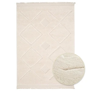 Teppich NATIVO - Checks - Beige Hochflor 3D Wohnteppich m.Fransen versch. Größen - Bild 1 von 15