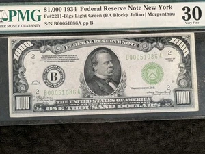1934 $1000 Light Green Federal Reserve Note New York - Picture 1 of 12