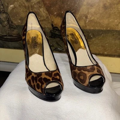 Michael Kors, Leopard Print Platform Heels, Black Brown Size 6 1/2 Women’s - Image 1 of 4