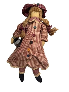 Primitive Stoffpuppe Reproduktion 23 Zoll Zöpfe groß gestreiftes Kleid farbige Knöpfe - Bild 1 von 10