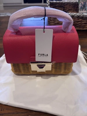 NWT Furla Flame Red (Pink) Leather Straw Top Handle Mini Crossbody - Image 1 of 4