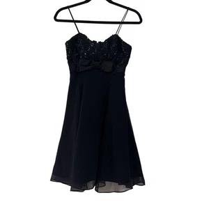 Mini abito vintage De Laru Linda Bernell nero paillettes Y2K anni 90 spalline spaghetti S - Foto 1 di 8