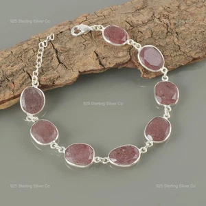 925 Sterling Silber Oval Streaberry Quarz Stein Perlen Töchter Tag Armband - Bild 1 von 10