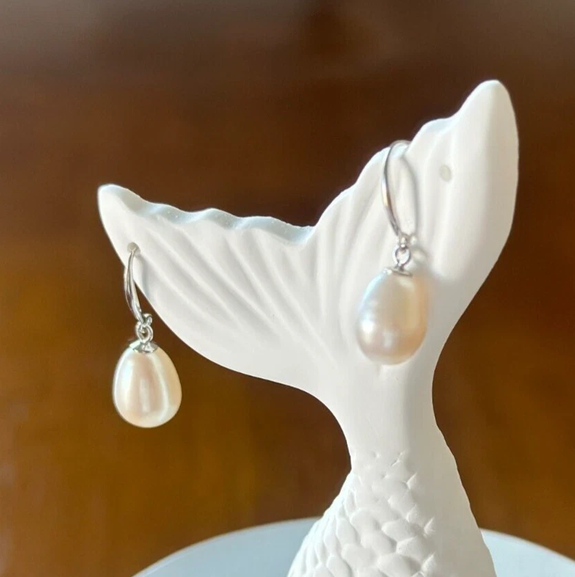 Natural White Oval Pearl  Hook Drop 7/8" Earrings in 925 Solid Sterling Silver - Image 1 of 4