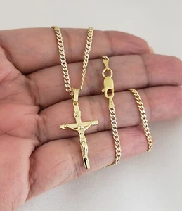 Collana catena cubana ciondolo crocifisso Gesù Cristo in argento sterling 925 oro 14 carati - Foto 1 di 3