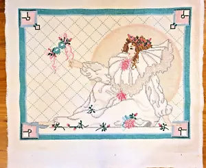 VINTAGE 1980'S COMPLETED HARLEQUIN MARDI GRAS CROSS STITCH LADY ~17" X 13" - Picture 1 of 7