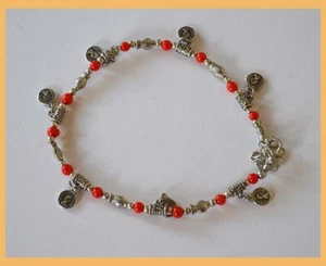 Rote Perlen oxidiertes Silber Metall Münze Fußkettchen Paar (2 Stück) Fuß Schmuck Indien   - Bild 1 von 5