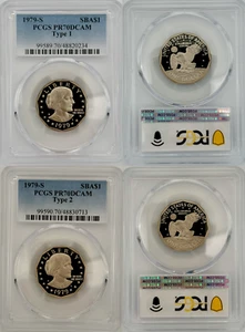 1979 Type 1 & Type 2  PCGS 70 DCAM Susan B Anthony $1 Proof 2 Coin Set T1 T2 - Picture 1 of 5