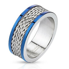 8mm Multi Wire Inlay Stainless Steel Band Ring with Blue IP Edge Men's Band