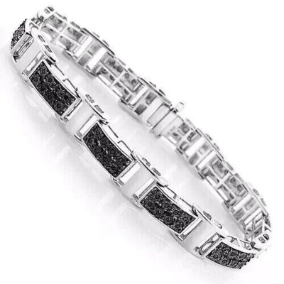 Brazalete de piedra de cuarzo jade rondelle negro azabache para hombre chapado en oro blanco de 14 quilates 8 quilates Foto 1 de 4