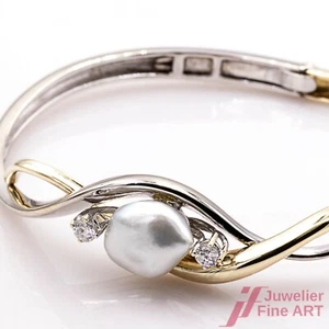 Armreif 585 Gelb & Weißgold mit Barockperle & Diamanten, Gr. 16 - Bild 1 von 4