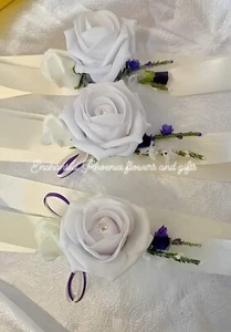 x 3 adult ivory ribbon Wrist Corsage lilac rose And Matching Hair Comb - Picture 1 of 11