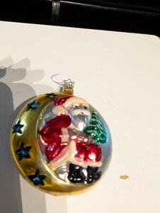 VINTAGE 1994 INGE GERMANY SANTA IN MOON GLASS ORNAMENT W/SHOOTING STARS - DATED - Picture 1 of 4