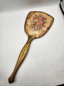 Vintage Gold Tone Hand Held Vanity Mirror w/ Flowers back Hollywood Regency - Picture 1 of 3