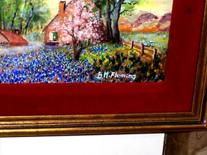 Bluebonnet Landscape in Light Rural Houses Fence Cactus Birds Blooming Trees VTG - Picture 1 of 12