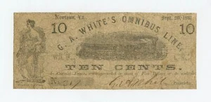 1861 10c G.A. White's Omnibus Line - Newtown, VIRGINIA Note - Picture 1 of 2