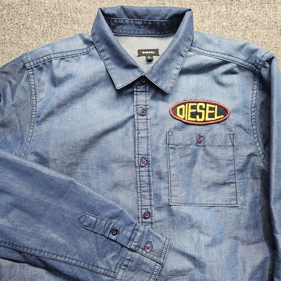 Diesel Shirt Mens XL Blue Denim Long Sleeve Western Patches US Flag Peace Tiger - Image 1 of 4