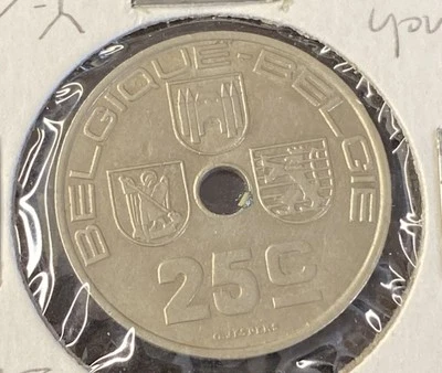 1939 Belgium 25 Centimes Nickel-Brass Coin Free Shipping - Image 1 of 2
