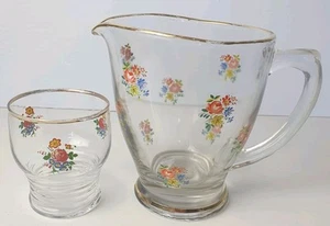 VINTAGE Glass Water Jug & Glass Floral Print 50s 60s Decorative Vgc - Picture 1 of 15