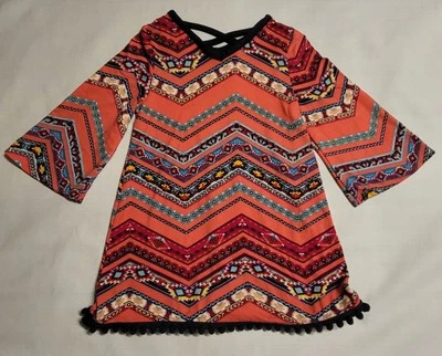 Vestido infantil 2T outono coral geométrico ziguezague pom franja edições raras envio grátis - Imagem 1 de 4