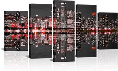 Arte de pared en lienzo del horizonte de Chicago de 5 paneles - paisaje urbano rojo y negro - nuevo, enmarcado Foto 1 de 3