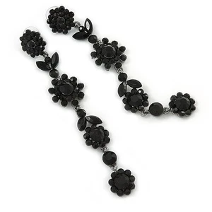 Long Black Crystal Floral Chandelier Earrings In Gun Tone Metal - 11cm L - Picture 1 of 6