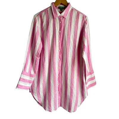 J.Crew женщин маленький льняной хлопок большого размера розовый и белый в полоску рубашка платье - Изображение 1 из 4