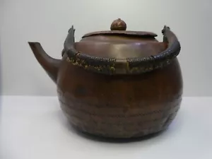 LARGE ANTIQUE COPPER TEAPOT COFFEE POT STRING BOUND HANDLE - Picture 1 of 17