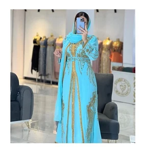 Turquoise Zari Crystal Work Moroccan Dubai Kaftan African Wedding Fancy Dresses - Picture 1 of 5