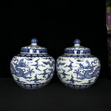 14.2" Ming dynasty xuande mark Porcelain A pair Blue white cloud dragon Jar pot